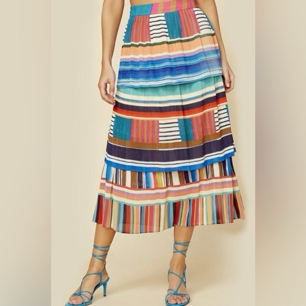 Farm Rio Womens Thalita Stripe Midi Pleated Tiered Skirt - Picture 4 of 5